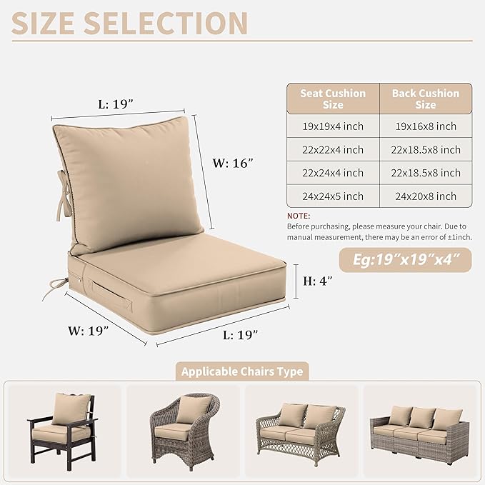 Premium Outdoor Seat Cushion Chair Cushions for Patio Furniture 19 L X 19 W X 4 H Waterproof & Fade Resistant Deep Seat and Backrest Cushion Set with Removable Covers for Chair, Sofa