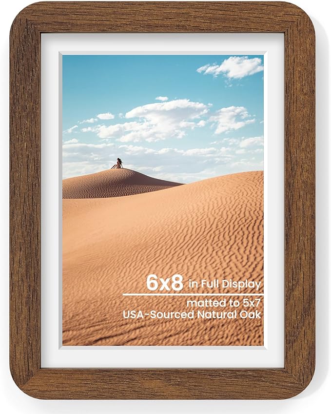 6x8 Round Corner Picture Frame, Solid Oak Wood Frame With Mat For 5x7 And Plexiglass, Includes Hanging Hardware For Wall Or Tabletop Photo Frame, Walnut, 1 Pack