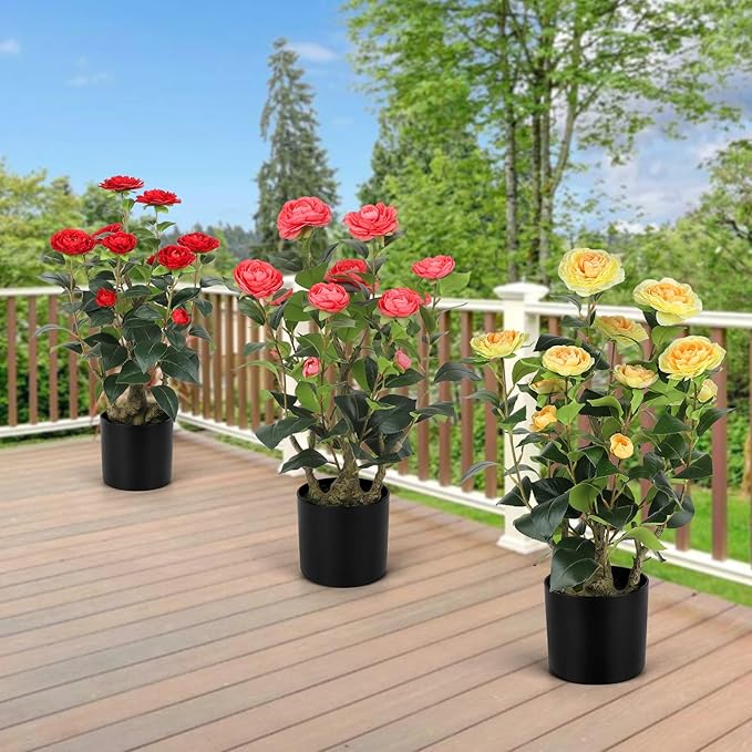 Romantic Season 2FT Yellow Artificial Camellia Tree 2Pack, Faux Camellia Plant Fake Potted Camellia Flower Tree for Modern Home Office Living Room Floor Décor