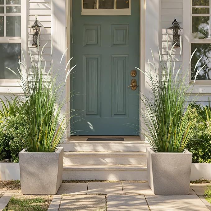 KOL 4ft 2-Pack Artificial Cattail Reed Grass, 47.2’’ Artificial Indoor Outdoor Fake Onion Grass Plant, Home Office Wedding Decorative Potted Plant, Faux Floor Greenery, Housewarming Gift, White