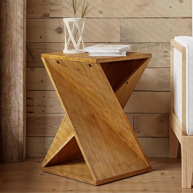 Farmhouse End Table Square Solid Wood Pedestal Side Table Rustic Plant Stand with Twisted Design for Living Room, Bedroom, Office, Natural Wood
