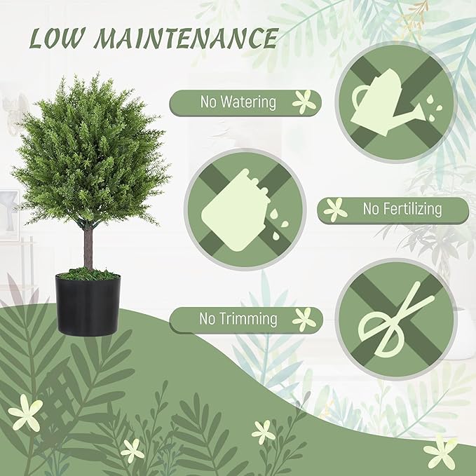 HOMCOM Artificial Plants Set of 2 Decorative Cedar Topiary Trees in Pots, Fake Plants for Home Indoor Outdoor Front Porch, 21.7 inch, Green