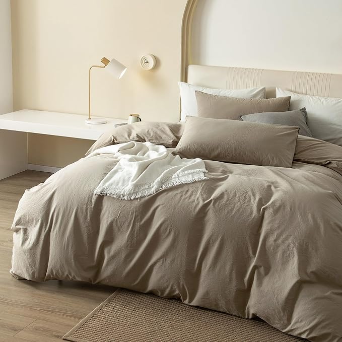 JIYUAN 100% Washed Cotton Duvet Cover Set 3 Pieces Queen, 1 Duvet Cover 90x90 Inches(Comforter Not Included) and 2 Pillowcases,Linen Feel Bedding Set Comfy and Breathable,Khaki