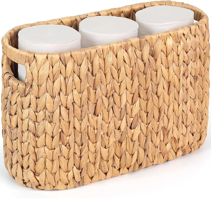 Toilet Paper Storage Holder with Built-in Handles, Water Hyacinth Toilet Papers Holder for up to 6 Mega Rolls, Wicker Toilets Paper Baskets, Decor Bathroom Storage Basket for Countertops,Shelves