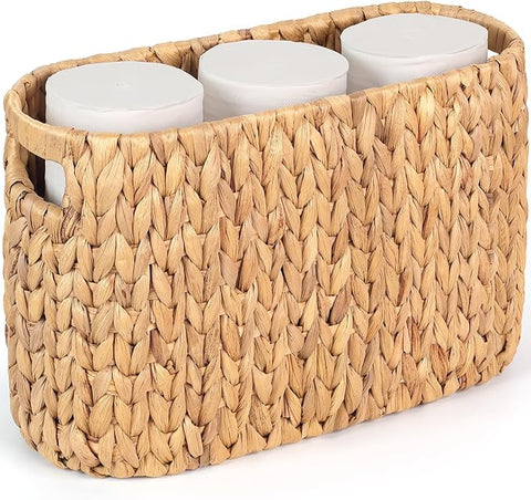 Toilet Paper Storage Holder with Built-in Handles, Water Hyacinth Toilet Papers Holder for up to 6 Mega Rolls, Wicker Toilets Paper Baskets, Decor Bathroom Storage Basket for Countertops,Shelves