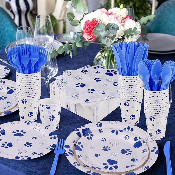 400 Pieces Blue Paw Disposable Party Tableware Sets Dog Puppy Supplies Including Plates Cups Napkins Cutlery Serves 50 for Birthday Puppy Theme Party Decorations