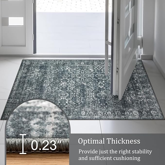 Morebes Area Rugs 9x12 - Soft, Washable Black Rugs for Living Room, Bedroom & Dining Room - Boho Distressed, Non Slip, Low Pile Carpet for Indoor Home Office