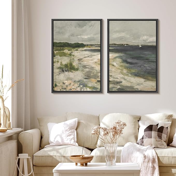 MUDECOR Framed Canvas Print Wall Art Coastal Shoreline with Lush Dunes Serene Beach Landscape Nature Wilderness Illustrations Realism Decorative for Living Room, Bedroom, Office - 16"x24"x2 Black