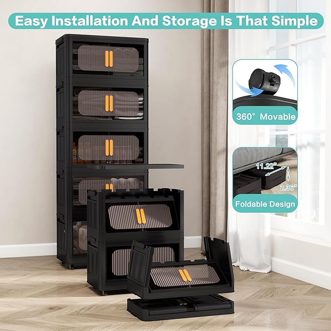 Holaki 320 QT Collapsible Closet Organizers with Lid, 5 Tiers Stackable Plastic Storage Bins Cabinet with Wheels and Magnetic Door (Black Larger)