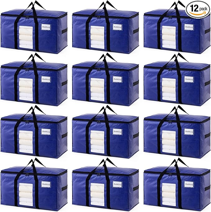 TAILI 12 Pack Dark Blue Extra Large Moving Bags, Heavy Duty Totes with Visible Window, Wrap Around Handles, Great for Space-Saving