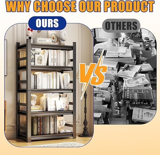 Tall Bookshelf with Open Shelves, Metal Office Book Shelf, Adjustable Organizer Bookcase, Standing Storage Organizer Shelf for Living Room (35.4" W*15.8" D*72" H)