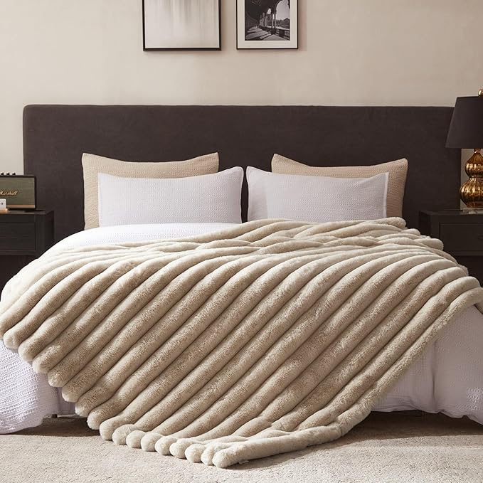 WDCOZY Faux Fur Throw Blanket Striped Super Soft Cozy Fluffy Luxurious Blankets Couch Bed Sofa Chair Home Decor Warm Furry Fall Winter Plush Lightweight Rabbit Fur Bubble Blanket 60" x 80", Beige