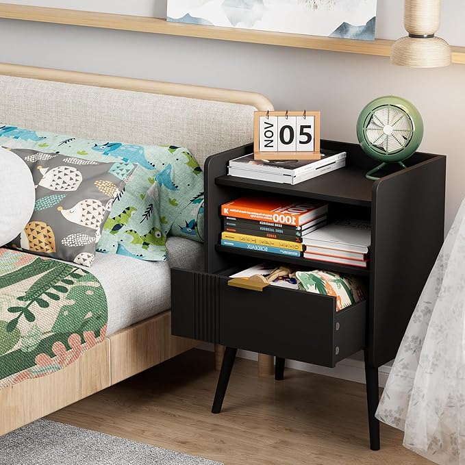 Night Stand Modern End Table with Storage Drawer and Open Shelf, Small Bedside Stand, Wooden Sofa Side Table for Bedroom,Study Room and Small Spaces (Black)