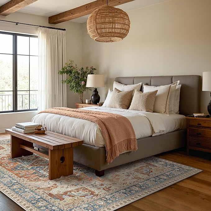 GENIMO 8X10 Area Rugs for Living Room, Machine Washable Vintage Floor Cover Foldable Modern Non Slip Rug, Low Pile Soft Indoor Carpet Floral Print Mat Rug,Bedroom/Dining Room/Home Office,Terracotta