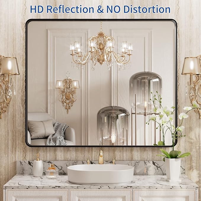 WEER 36X30 Inch Black Metal Framed Bathroom Mirror, Matte Black Bathroom Vanity Mirror, Rectangular Black Wall Mirror for Bathroom, Tempered Glass, Rounded Corner, Hangs Horizontal or Vertical