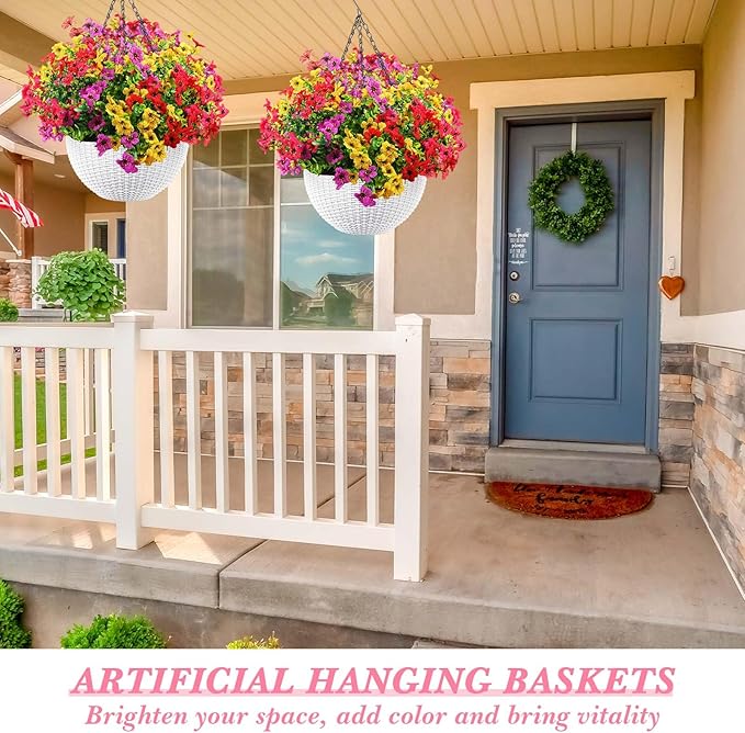 Lyrow 2 Pcs Artificial Hanging Flowers with Fake Basket Outdoor Realistic Hanging Plants with 12 Inch Coconut Lining Basket for Patio Lawn Garden Porch Decor(Bright)
