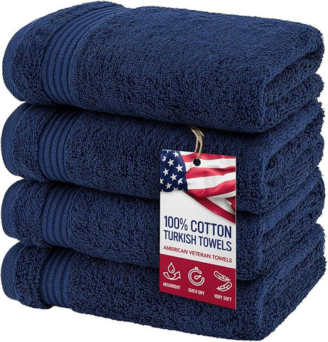 American Veteran Towel, Hand Towels for Bathroom Set of 4, 100% Cotton Turkish Hand Towel Sets Clearance Prime, Soft Hand Face Towels, Navy Blue Hand Towels