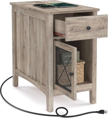 VASAGLE Side Table with Storage, End Table with USB Ports and Outlets, Nightstand with Charging Station, Drawer, Storage Cabinet, Magazine Rack, for Living Room, Bedroom, Greige ULET312T02