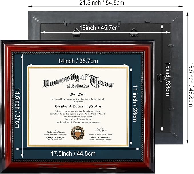 11x14 Diploma Degree Frame with Navy Mat or Display 15x18 Certificates without Mat,Solid Wood,Cherry Finish with Intricate Black Rope Detail,UV Protection Acrylic
