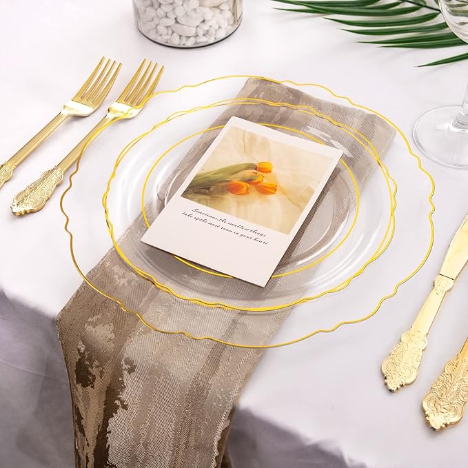 WDF 100pcs Clear Disposable Plastic Plates With Gold Trim - Baroque Clear Gold for Parties or Wedding or Father's Day - including 50PCS Dinner Plates 10.25inch and 50PCS Salad Plates 7.5inch