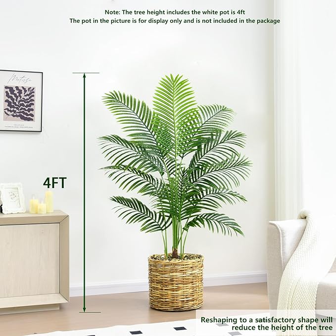 Artificial Palm Tree 4FT Artificia Plants Indoor Fake Trees Tropical Fake Plam Tree Floor Plant in White Pot with 13 Trunks & Real Bark Design Faux Palm Plant for Outdoor Home Room Decor