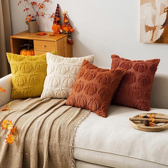 MIULEE Fall Pumpkin Pillow Covers 18x18 Inch Set of 4 - Soft Cozy Plush Decorative Pillows with Embroidered Pumpkin Pattern Autumn Halloween Holiday Decor for Sofa Couch Bed Living Room,Rust-Yellow