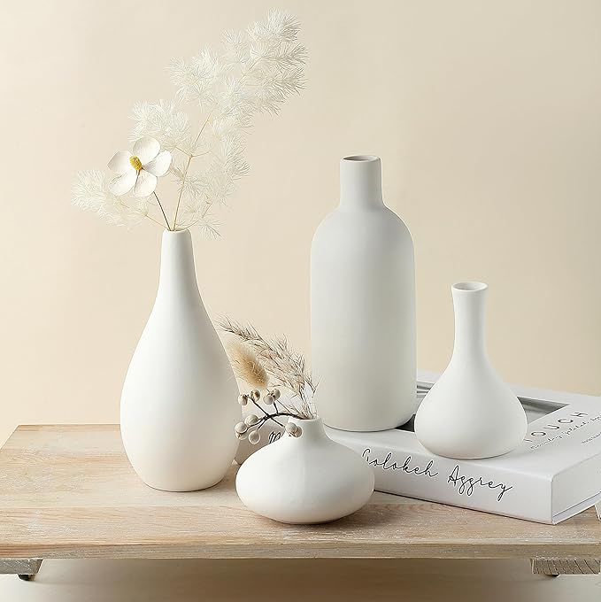 Set of 8 White Ceramic Vases for Dried Pampas Grass Flowers, Aesthetic Boho Modern Decor for Farmhouse Living Room Coffee Table Shelf Fireplace Centerpiece Bedroom Office Desk Home DIY Gifts