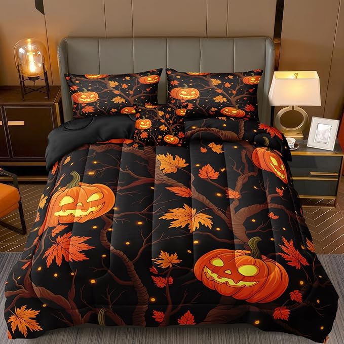 Black Pumpkin Bedding Happy Halloween Comforter Set Orange Pumpkin Lantern Spooky Ghost Festival Theme Black Halloween Bedding Set Queen Size