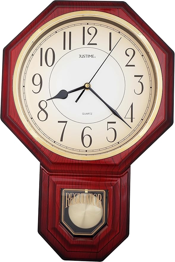 JUSTIME Traditional Schoolhouse Gradient Arabic Regulator Wall Clock, Chiming Wall Clocks with Pendulum & Westminster Chime Hourly, Schoolhouse Wall Decor Battery Operated (Red Mahogany)