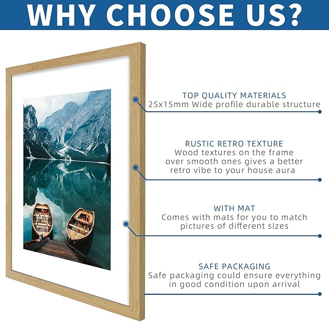 16x24 Frame Set of 2, Natural Oak Wood Style - Display 16 x 24 Picture without Mat or 12x18 Picture with Mat, Wall Mounting Horizontal and Vertical