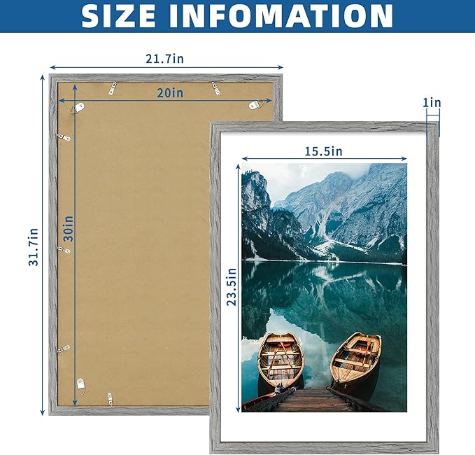 20x30 Frame Set of 2, Rustic Grey Wood Style - Display 16x24 Picture with Mat or 20 x 30 Poster without Mat, Wall Mounting Horizontal and Vertical