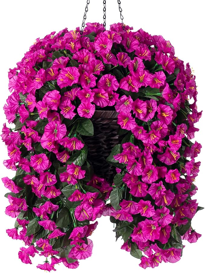 Artificial Fake Hanging Flowers Plants Basket for Outdoor Winter Summer Decoration, Faux Silk UV Resistant Look Real Fuchsia Morning Glory Long Stems in Planter for Outside Porch Patio Balcony Home