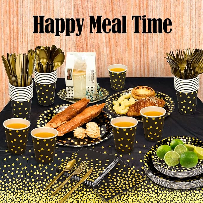 350 Pieces Gold Disposable Party Dinnerware Set &Golden Dot Disposable Party Dinnerware - Black Paper Plates Napkins Cups, Gold Plastic Forks Knives Spoons