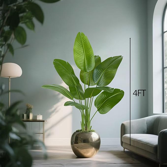 Artificial Bird of Paradise Plant 4FT Fake Palm Tree Feaux Plants in White Pot Artificial Tree Fake Plant for Indoor Outdoor Modern Decoration for Home Living Room Office