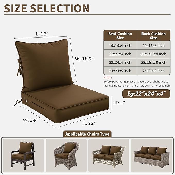 Premium Outdoor Seat Cushion Chair Cushions for Patio Furniture 22 L X 24 W X 4 H Waterproof & Fade Resistant Deep Seat and Backrest Cushion Set with Removable Covers for Chair, Sofa