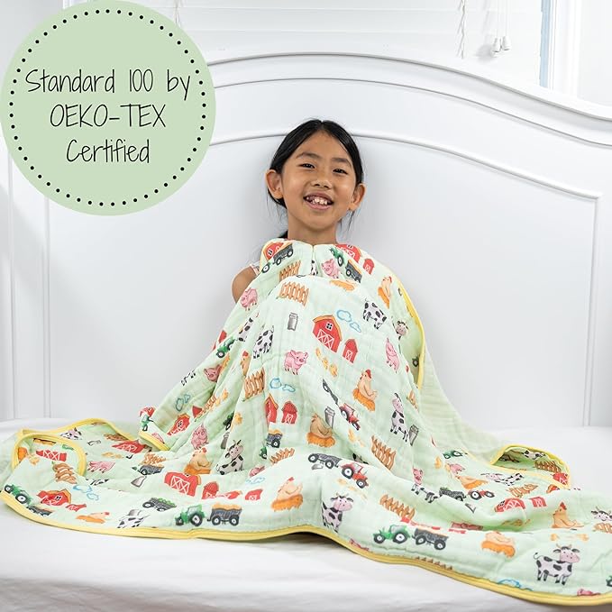 LollyBanks Muslin Baby Blanket 100% Organic Cotton, Muslin Quilt Lightweight, 6 Layers Soft Blanket Neutral, 47"x 47" Toddler Blankets for Girls and Boys, Nursery Receiving Blankets (Farm Theme Print)
