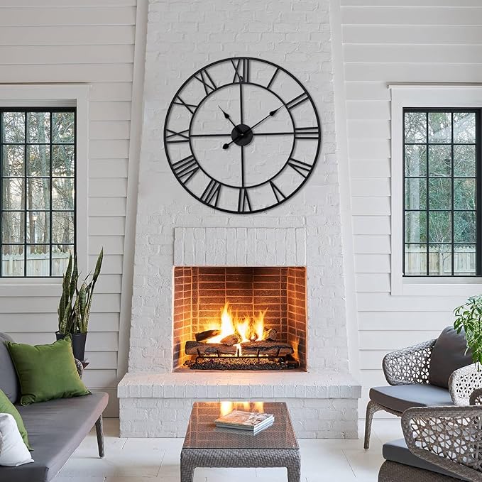 Large Wall Clock for Living Room Decor – 24 Inch Silent Non-Ticking Modern Farmhouse Wall Clock, Oversized Decorative Metal Roman Numeral Clock, Black