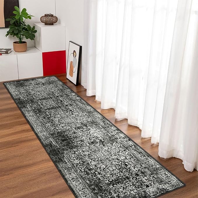 vivorug Runner Rug 2'x7' Vintage Washable Non-Slip Runners for Hallways Kitchen Entryway Laundry Room Carpet Hallway Runner, Black and White Rug