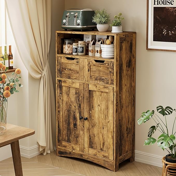 Gizoon Storage Cabinet, Bathroom Cabinet with 2 Drawers and Adjustable Shelves, Freestanding Storage Organizer with Doors for Bathroom, Living Room, Kitchen, Home Office, Hallway