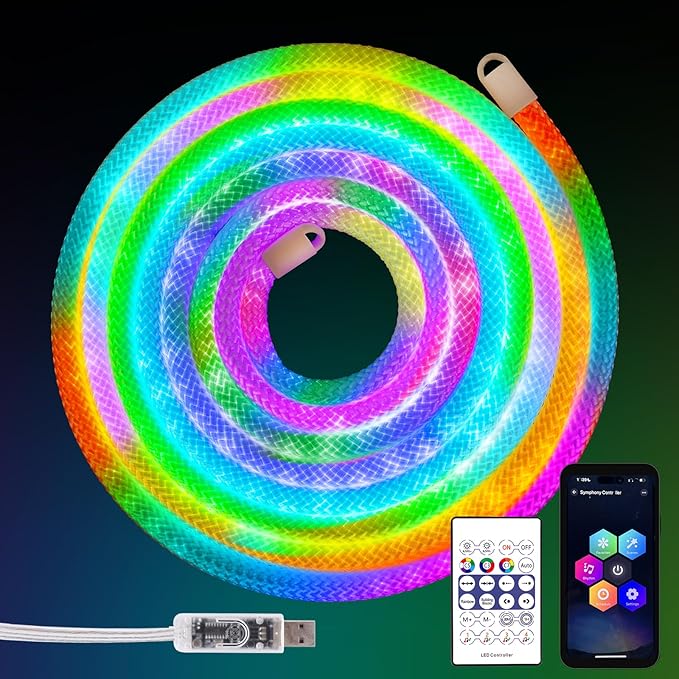 iNextStation RGB LED Strip Lights16.4FT, Braided Silicone 360° Glow Rope Lights, IP67 Waterproof, Music Sync, APP/Remote Control, USB Powered, Color Changing for Outdoor/Bedroom/Game Room/Wall Decor