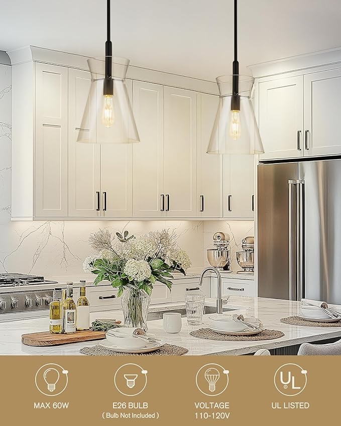 Emak Black Pendant Lights Kitchen Island, Modern 9 Inch Large Clear Glass Pendant Light, Farmhouse Hanging Lights for Kitchen, Dining Room, PL130-BK-CG
