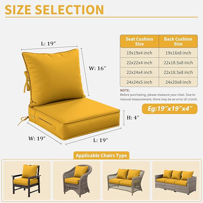 Premium Outdoor Seat Cushion Chair Cushions for Patio Furniture 19 L X 19 W X 4 H Waterproof & Fade Resistant Deep Seat and Backrest Cushion Set with Removable Covers for Chair, Sofa