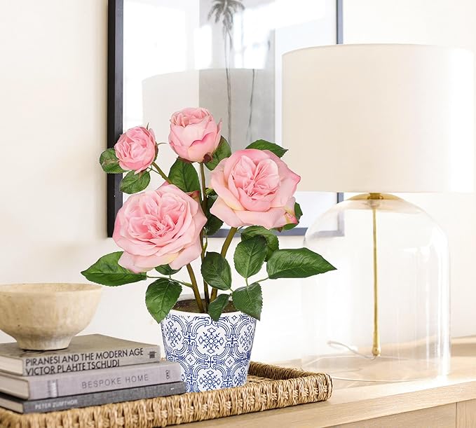Hollyone Pink Roses Artificial Flowers in Blue and White Porcelain Vase 13.4" Fake Roses Flower Arrangement Artificial Plants & Flowers Potted Plant Faux Silk Rose Flower with Ceramic Pot Home Decor