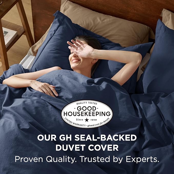 Bedsure 100% Washed Cotton Duvet Cover Queen Size - Navy Minimalist Cotton Duvet Cover Linen Like for All Seasons - GentleSoft™ Plain Simple Bedding, 3 Pieces (Navy, Queen, 90"x90")