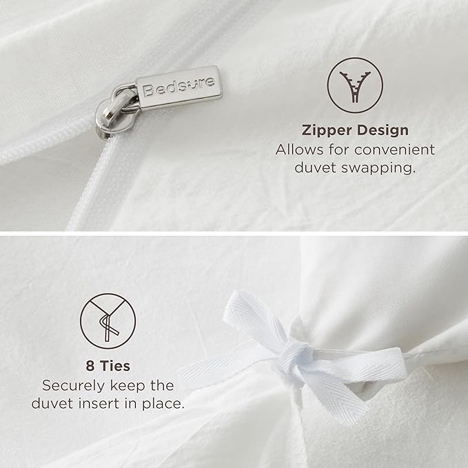Bedsure 100% Stone Washed Cotton Duvet Cover Queen Size - White Minimalist Cotton Duvet Cover Linen Like for All Seasons - GentleSoft™ Plain Simple Bedding, 3 Pieces (White, Queen, 90"x90")