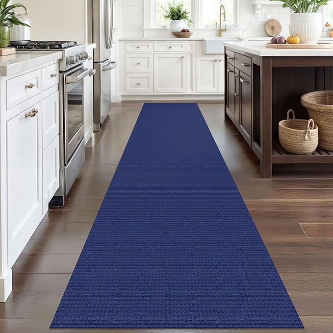 IOHOUZE Washable Runner Rug 2.6x12 Non Slip Extra Long Hallway Runner Entryway Runner Indoor, Kitchen Rugs Woven Cotton Floor Carpet for Hall Entrance Stair, Royal Blue/Navy