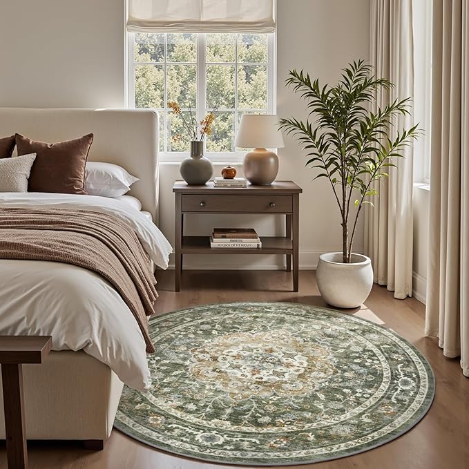 PADOOR-Vintage 6FT Round Rug-Rugs for Living Room-Soft Olive Green Circle Rug-Machine Washable Rugs for Bedroom-Non Slip Carpet-Rug for Dining Room Living Room Bedside Office