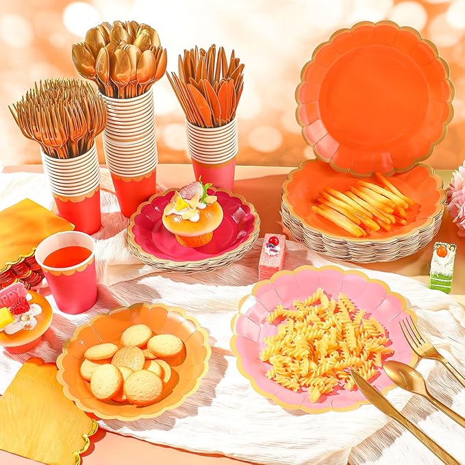 338 Pcs Pink and Orange Plates and Napkins Party Supplies for Guests Hot Pink Orange Tableware Include Scalloped Plates Paper Napkin Cup Spoon Fork Knife for Baby Shower, Wedding, Birthday