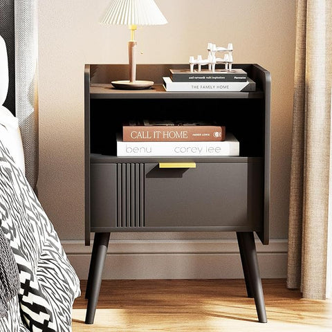 Night Stand Modern End Table with Storage Drawer and Open Shelf, Small Bedside Stand, Wooden Sofa Side Table for Bedroom,Study Room and Small Spaces (Black)