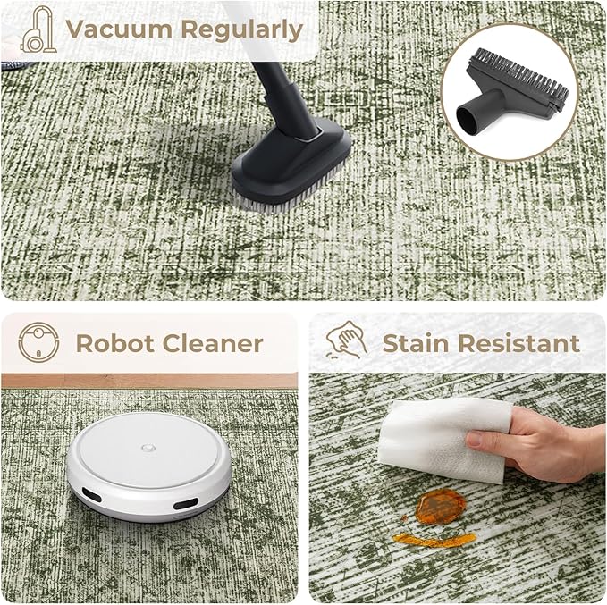 MIULEE 5x7 Vintage Living Room Rug Washable Area Rugs Low Pile Floor Mat for Bedroom Dining Room Non-Slip Stain Resistant Soft Indoor Carpet for Home Decor, Green
